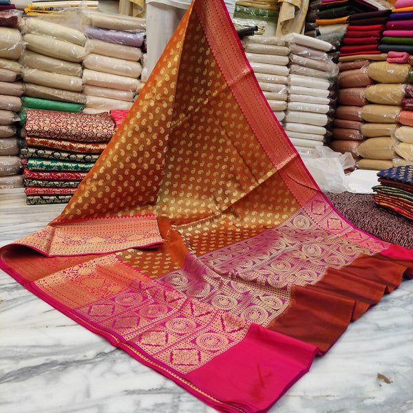 Banarasi Rust Orange Zari Brocade Silk Saree - Mohsin Textiles