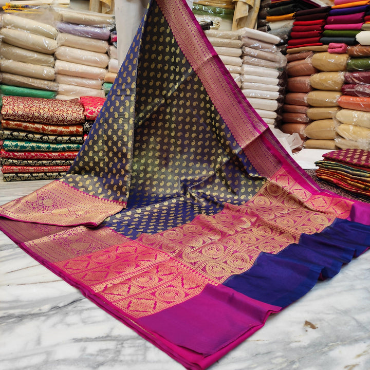 Nevi Blue Zari Brocade Banarasi Silk Saree - Mohsin Textiles