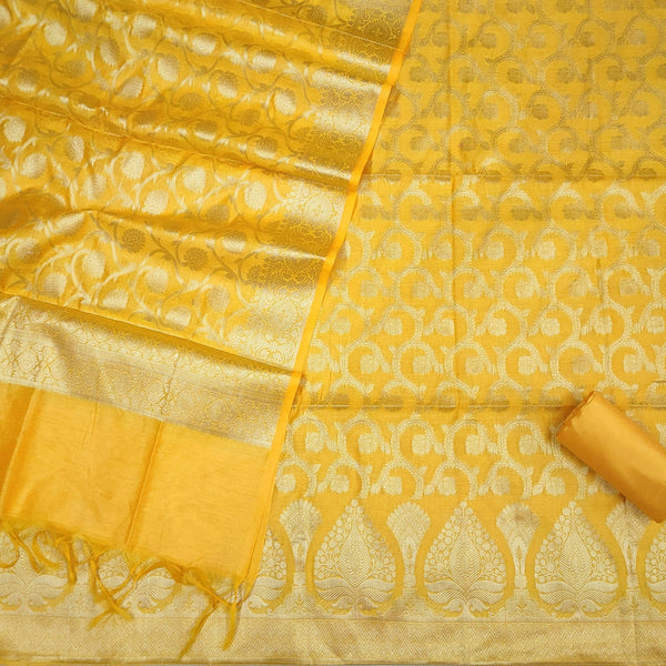 Banarasi Resham Cotton Soft Silk Suit Salwar Kameez (Patta Jaal) Lemon Yellow Unstitched - Mohsin Textiles