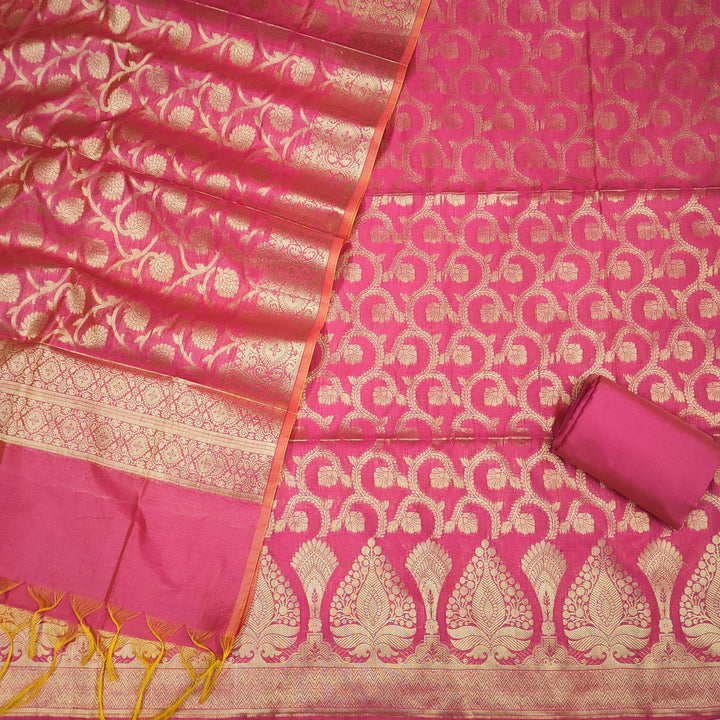 Banarasi Resham Cotton Soft Silk Suit Salwar Kameez (Patta Jaal) Hot Pink Unstitched - Mohsin Textiles