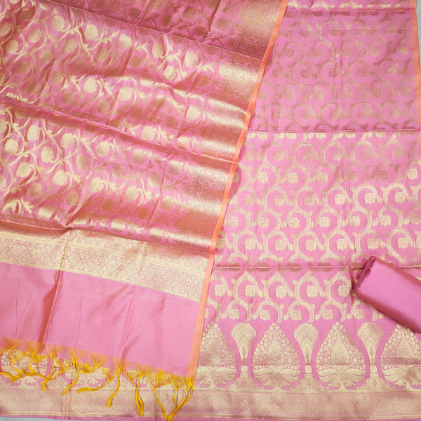 Banarasi Resham Cotton Soft Silk Suit Salwar Kameez (Patta Jaal) Baby Pink Unstitched - Mohsin Textiles