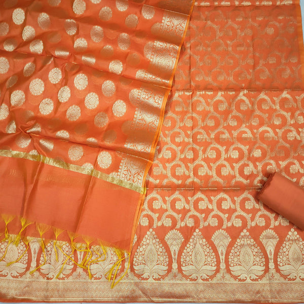 Banarasi Resham Cotton Soft Silk Suit Salwar Kameez (Patta Jaal) Orange Unstitched - Mohsin Textiles