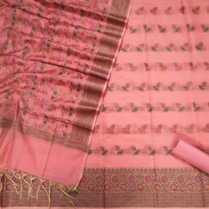 Banarasi Cotton Silk Resham Meena Weaved Suit Salwar Kameez (Small Leaf Booti ) Peach Unstitched - Mohsin Textiles