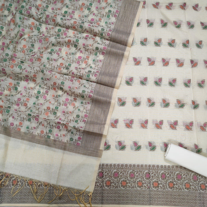 Banarasi Cotton Silk Resham Meena Weaved Suit Salwar Kameez (Small Leaf Booti ) Cream Unstitched - Mohsin Textiles