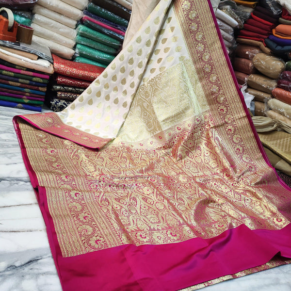 Pure Banarasi Katan Saton Silk Wedding Paatli Saree (Choti-Buti) White-Pink - Mohsin Textiles