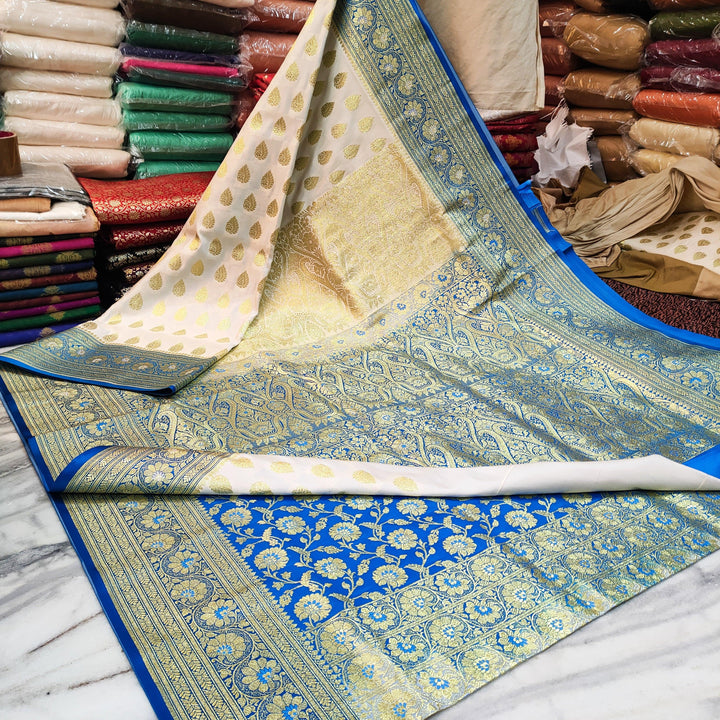 Pure Banarasi Katan Saton Silk Wedding Paatli Saree (Choti-Buti) White-Blue - Mohsin Textiles