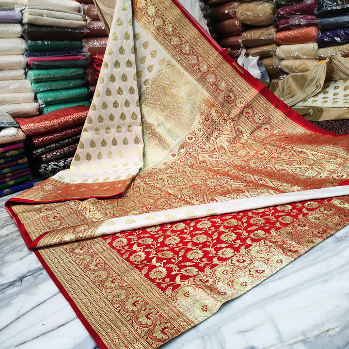Pure Banarasi Katan Saton Silk Wedding Paatli Saree (Choti-Buti) White-Red - Mohsin Textiles