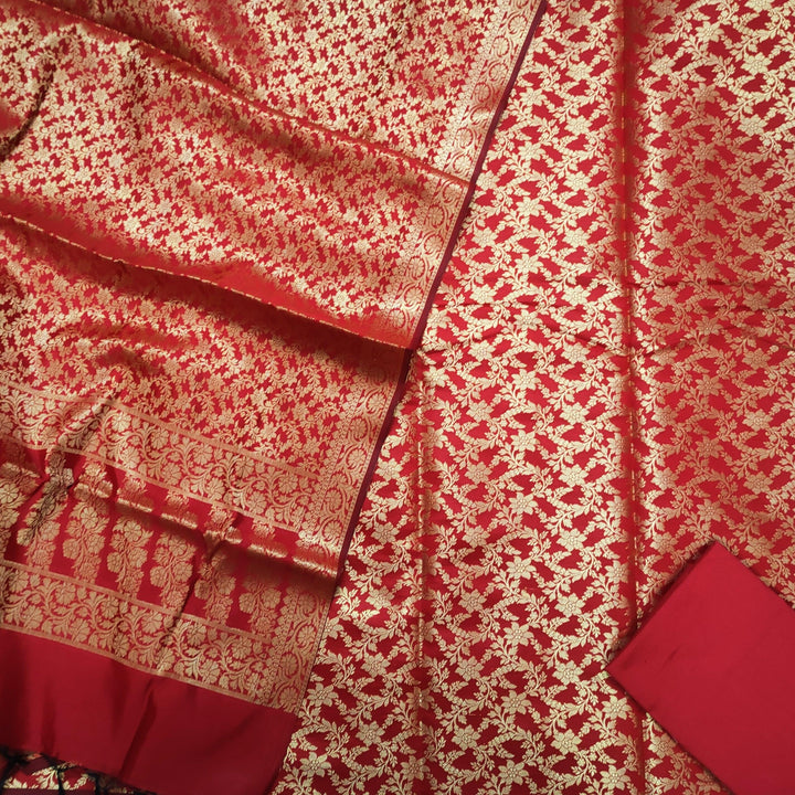 Banarasi Saton Silk Suit Salwar Kameez (Sunflower Jaal) Blood Red - Mohsin Textiles