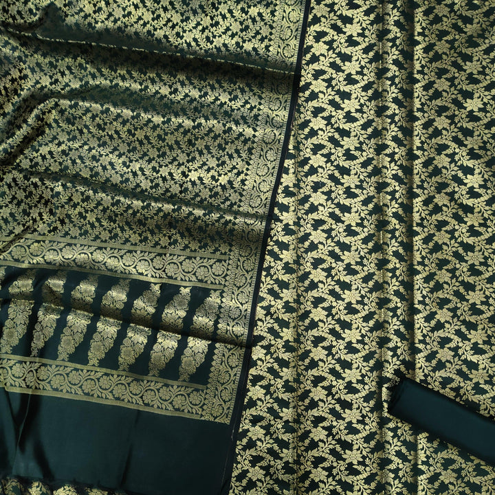 Banarasi Saton Silk Suit Salwar Kameez (Sunflower Jaal) Bottle Green - Mohsin Textiles