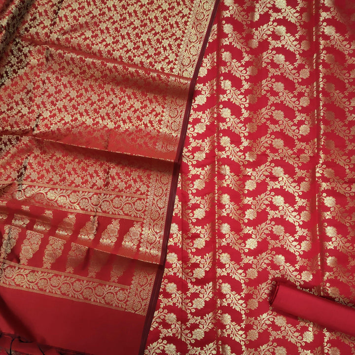 Banarasi Saton Silk Suit Salwar Kameez (Laherya Jaal) Blood Red - Mohsin Textiles