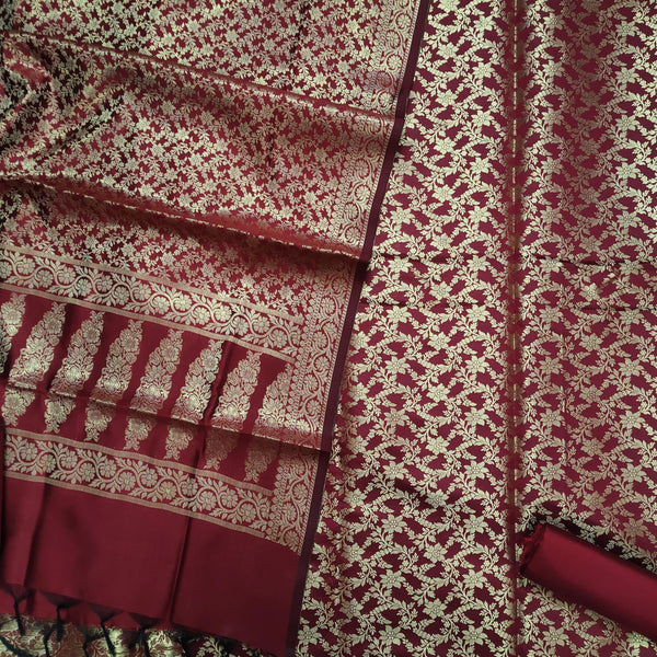 Banarasi Saton Silk Suit Salwar Kameez (Sunflower Jaal) Maroon Wine - Mohsin Textiles