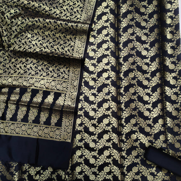 Banarasi Saton Silk Suit Salwar Kameez (Laherya Jaal) Black - Mohsin Textiles