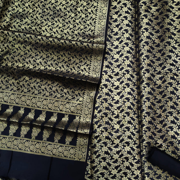 Banarasi Saton Silk Suit Salwar Kameez (Sunflower Jaal) Black - Mohsin Textiles