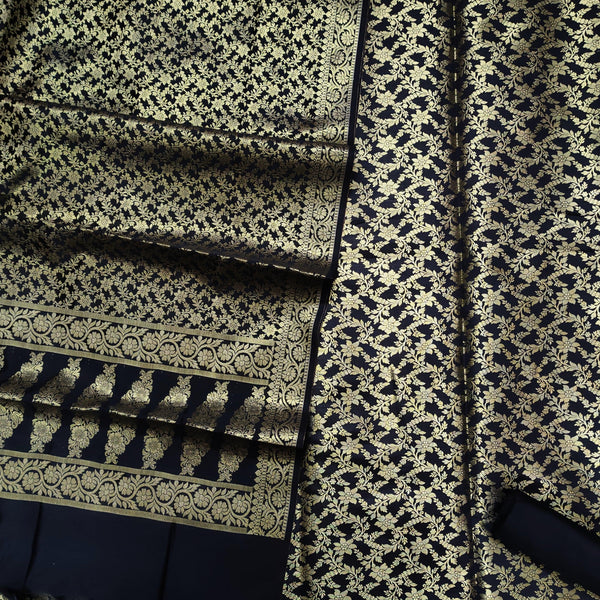 Banarasi Saton Silk Suit Salwar Kameez (Sunflower Jaal) Black - Mohsin Textiles