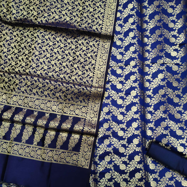 Banarasi Saton Silk Suit Salwar Kameez (Laherya Jaal) Nevi Blue - Mohsin Textiles