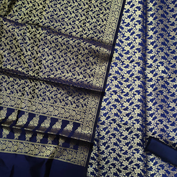 Banarasi Saton Silk Suit Salwar Kameez (Sunflower Jaal) Nevi blue - Mohsin Textiles
