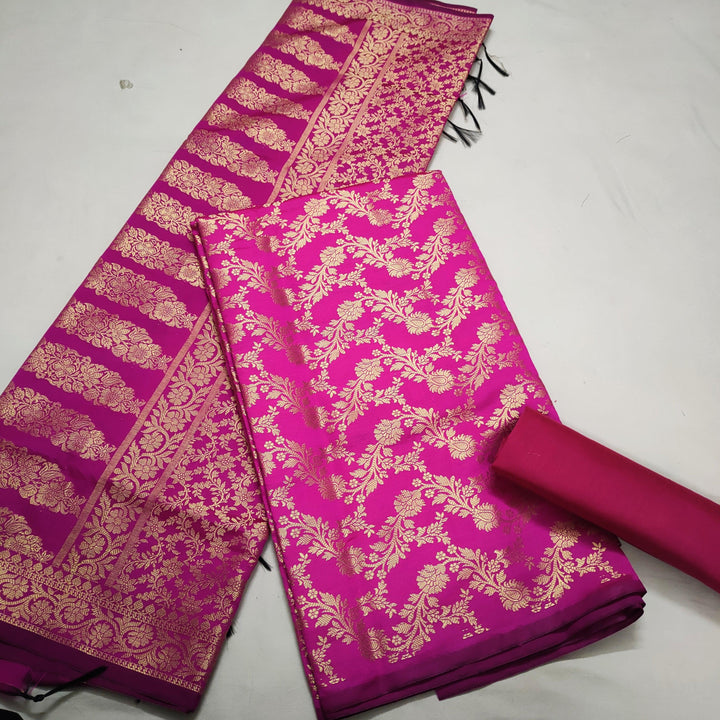Banarasi Saton Silk Suit Salwar Kameez (Laherya Jaal) Rani- Pink - Mohsin Textiles