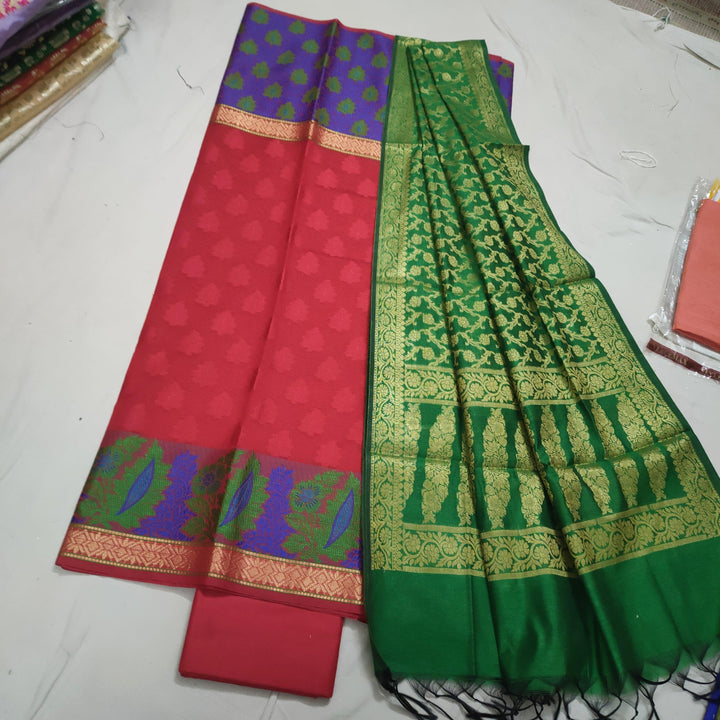 Banarasi Chanderi Frock Style Silk Suit Salwar Kameez ( Red -Blue) - Mohsin Textiles