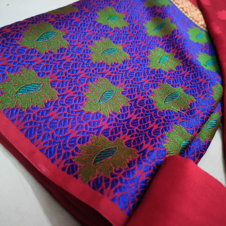 Banarasi Chanderi Frock Style Silk Suit Salwar Kameez ( Red -Blue) - Mohsin Textiles