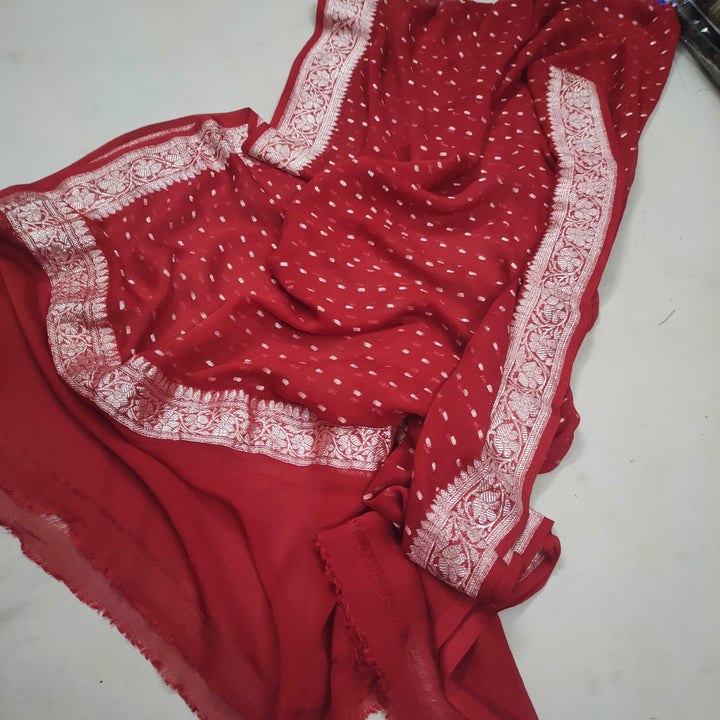 Handwoven Pure banarasi Khaddi Chiffon Dupatta (Chunri Buti -Silver) Red - Mohsin Textiles