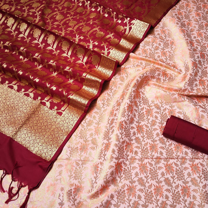 Pure Banarasi Katan Silk Suit Salwar Kameez (Kimkhab Design) Peach- Maroon - Mohsin Textiles
