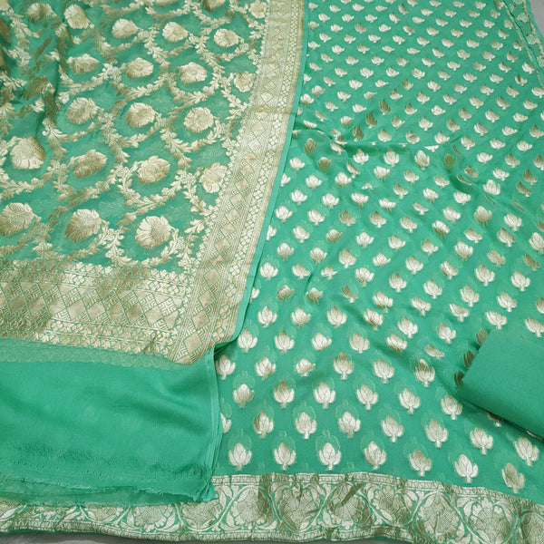 Pure Banarasi Khaddi Chiffon Silk Suit Handwoven (Choti Buti) Sea Green - Mohsin Textiles