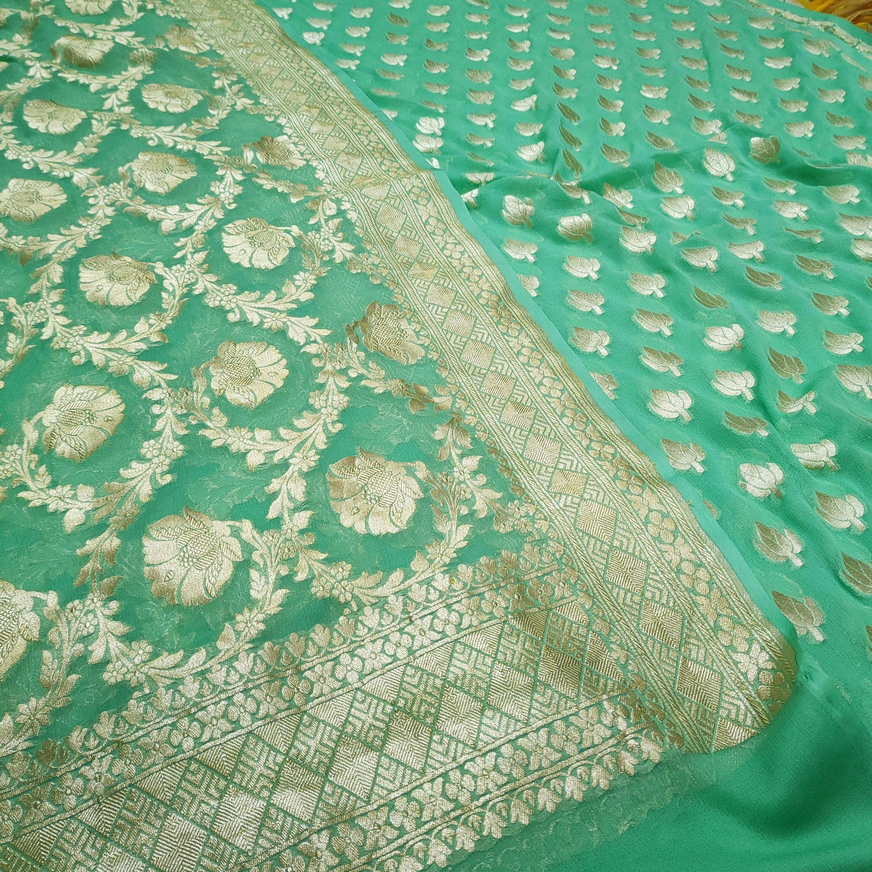 Pure Banarasi Khaddi Chiffon Silk Suit Handwoven (Choti Buti) Sea Green - Mohsin Textiles