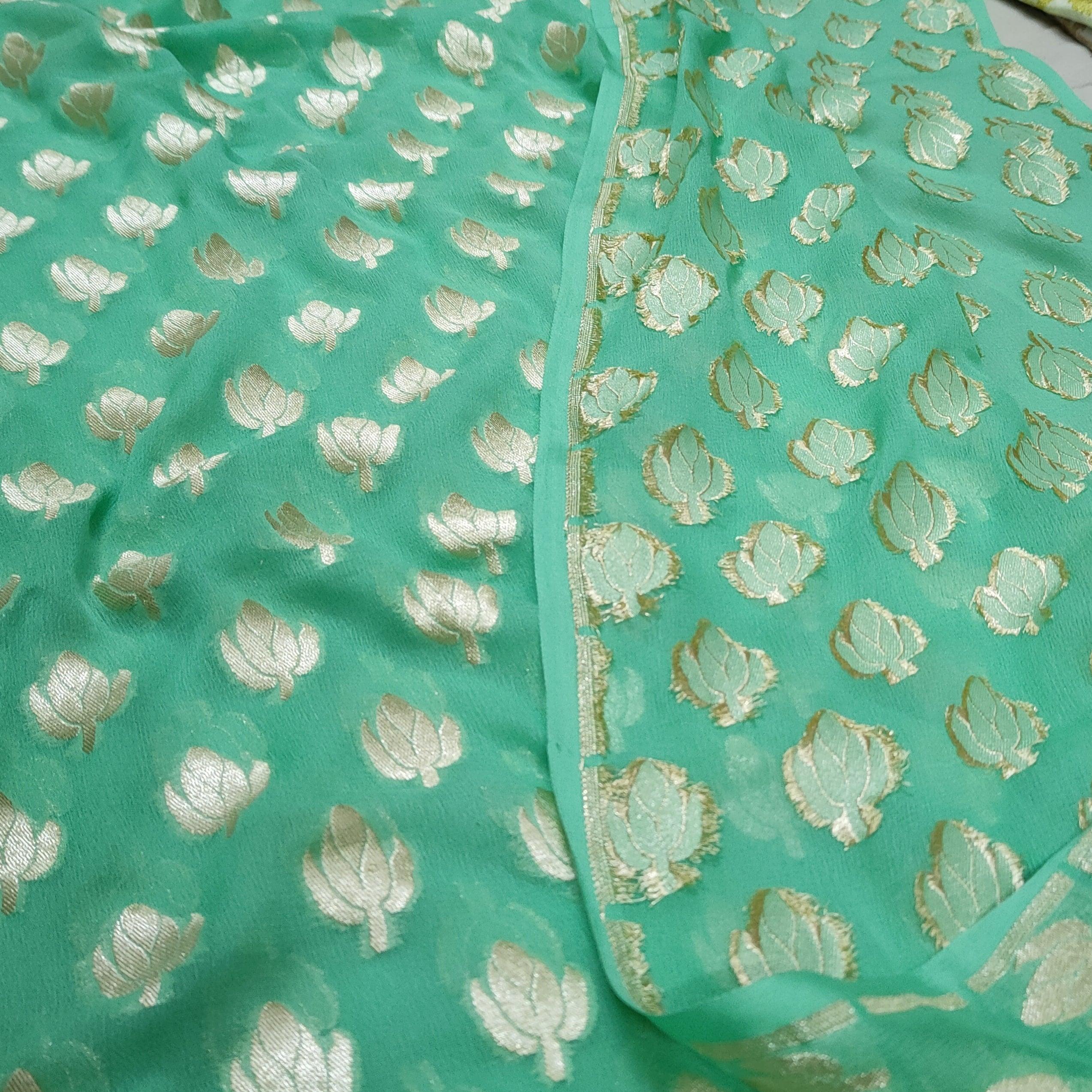 Pure Banarasi Khaddi Chiffon Silk Suit Handwoven (Choti Buti) Sea Green - Mohsin Textiles