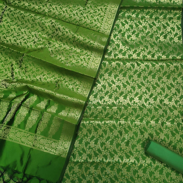 Banarasi Saton Silk Suit Salwar Kameez (Sunflower Jaal) Mehendi Green - Mohsin Textiles