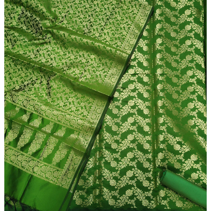 Banarasi Saton Silk Suit Salwar Kameez (Laherya Jaal) Mehendi Green - Mohsin Textiles