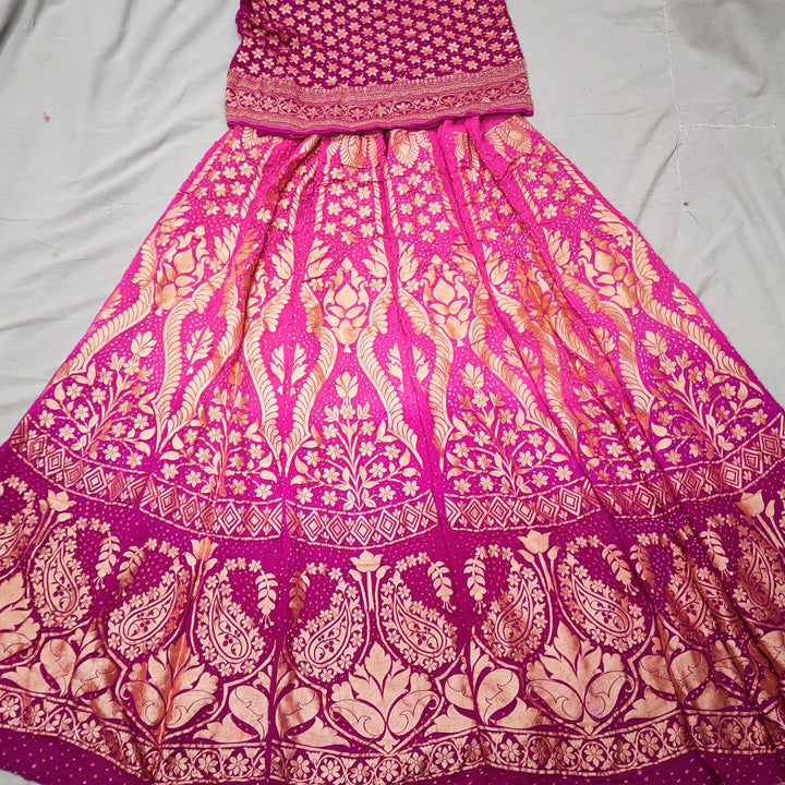 Banarasi Khaddi Chiffon Lahenga Pure Silk with Bandhni (Full Kalli 12 Pcs.) Baby Pink-Rani Lahenga / Baby pink-Rani Dupatta - Mohsin Textiles
