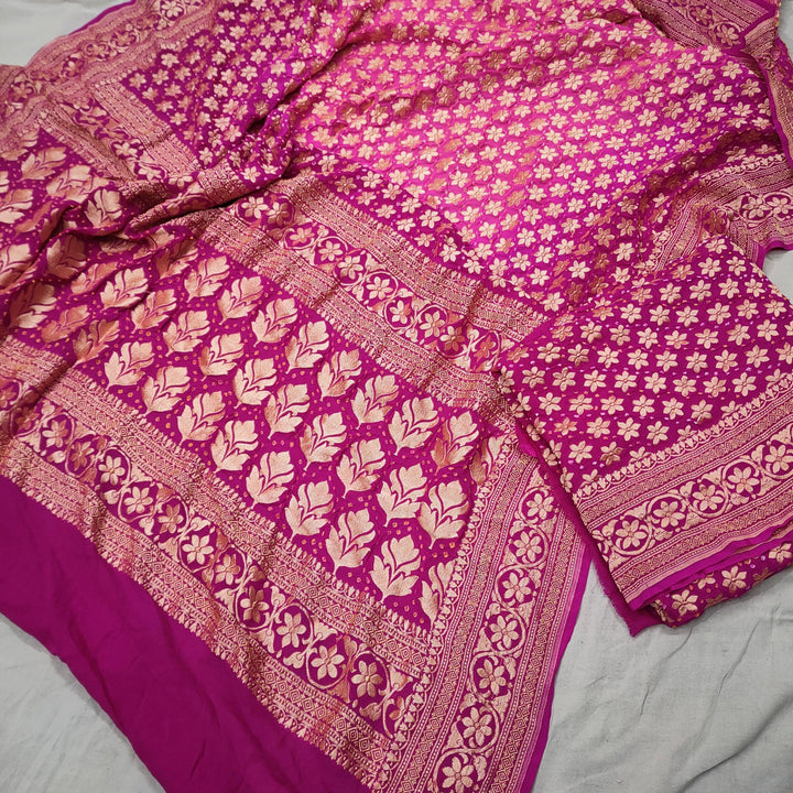 Banarasi Khaddi Chiffon Lahenga Pure Silk with Bandhni (Full Kalli 12 Pcs.) Baby Pink-Rani Lahenga / Baby pink-Rani Dupatta - Mohsin Textiles