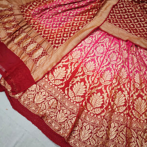 Banarasi Khaddi Chiffon Lahenga Pure Silk with Bandhni (Full Kalli 12 Pcs.) Red-Pink Lahenga / Red-Pink Dupatta - Mohsin Textiles