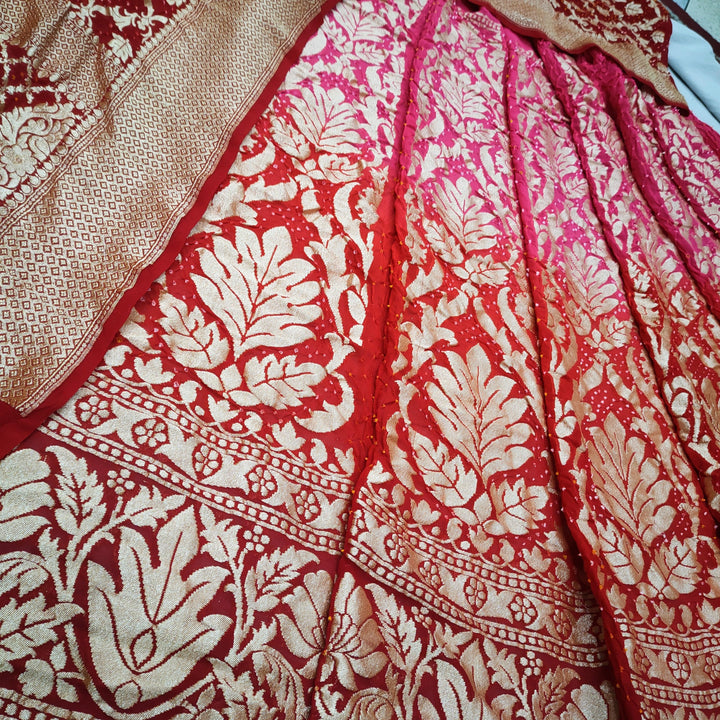Banarasi Khaddi Chiffon Lahenga Pure Silk with Bandhni (Full Kalli 12 Pcs.) Red-Pink Lahenga / Red-Pink Dupatta - Mohsin Textiles
