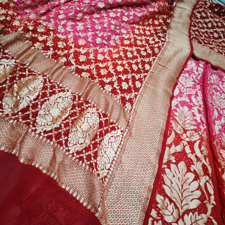 Banarasi Khaddi Chiffon Lahenga Pure Silk with Bandhni (Full Kalli 12 Pcs.) Red-Pink Lahenga / Red-Pink Dupatta - Mohsin Textiles