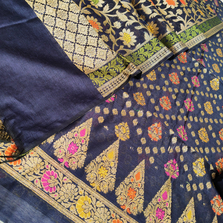 Banarasi Neem Zari Resham Silk Suit Salwar Kameez (Cross Check) Nevi Blue - Mohsin Textiles