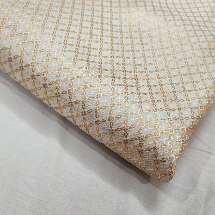 Pure Banarasi Silk Jamewar Fabric (Squre Jaal) Creamy Golden - Mohsin Textiles