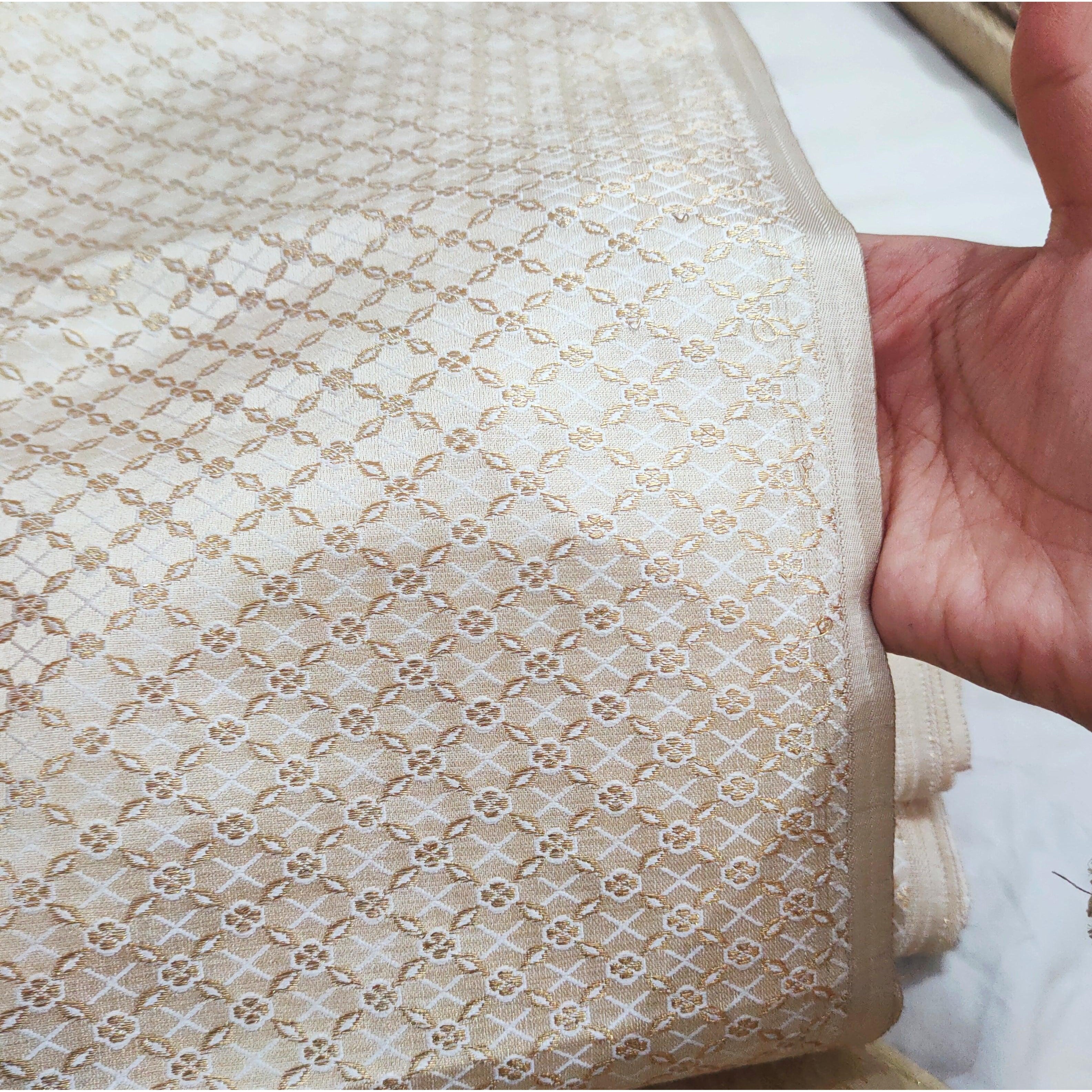 Pure Banarasi Silk Jamewar Fabric (Squre Jaal) Creamy Golden - Mohsin Textiles