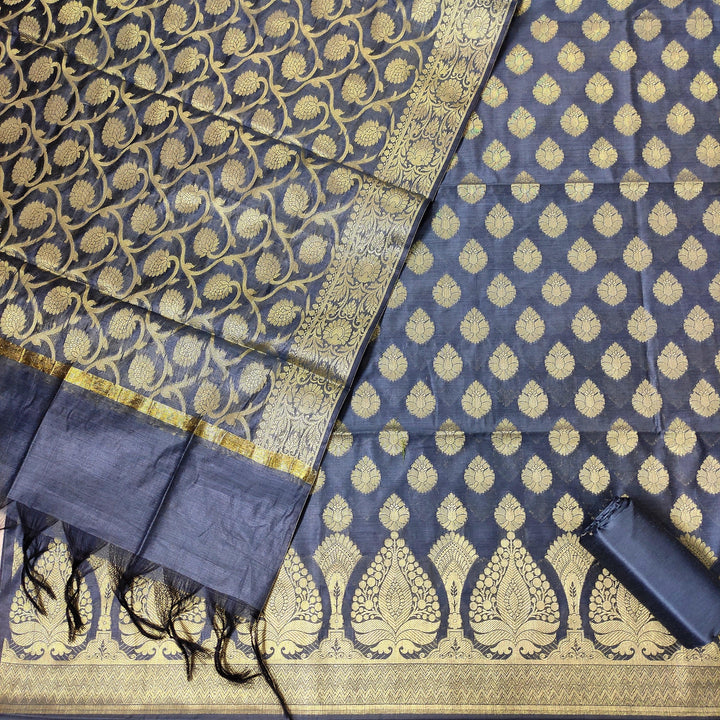 Banarasi Resham Cotton Soft Silk Suit Salwar Kameez (Patta Buti) Grey Unstitched - Mohsin Textiles
