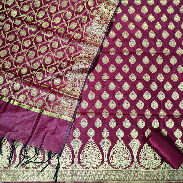 Banarasi Resham Cotton Soft Silk Suit Salwar Kameez (Patta Buti) Maroon Unstitched - Mohsin Textiles