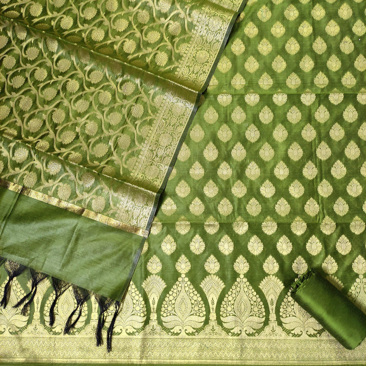Banarasi Resham Cotton Soft Silk Suit Salwar Kameez (Patta Buti) Mehendi Unstitched - Mohsin Textiles