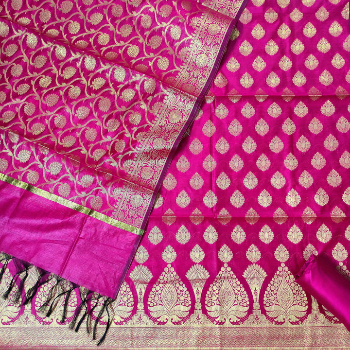 Banarasi Resham Cotton Soft Silk Suit Salwar Kameez (Patta Buti) Rani Unstitched - Mohsin Textiles