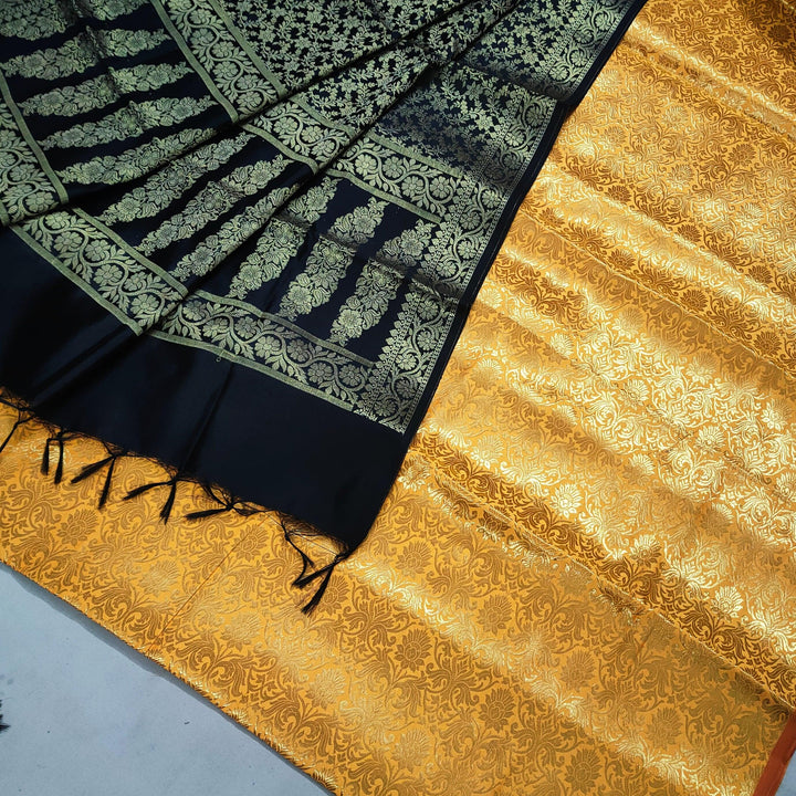 Banarasi Saton Brocade Silk Suit Salwar Kameez (Brocade Jaal) Mustard-Black - Mohsin Textiles