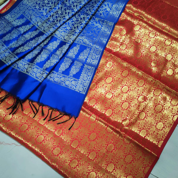 Banarasi Saton Brocade Silk Suit Salwar Kameez (Brocade Jaal) Red-Blue - Mohsin Textiles