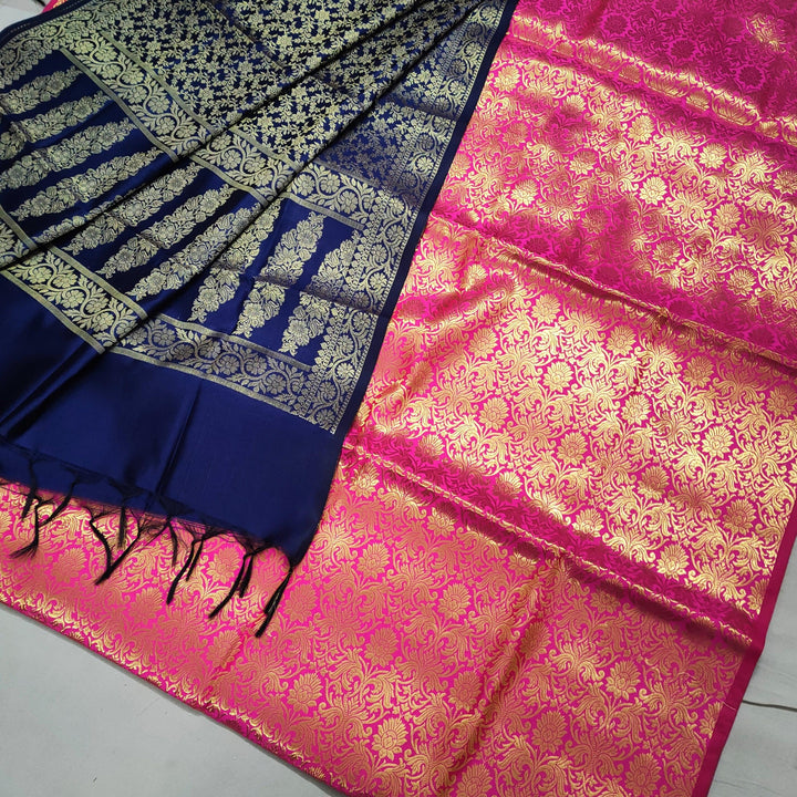 Banarasi Saton Brocade Silk Suit Salwar Kameez (Brocade Jaal) Rani-Nevi - Mohsin Textiles