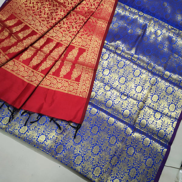 Banarasi Saton Brocade Silk Suit Salwar Kameez (Brocade Jaal) Blue-Red - Mohsin Textiles