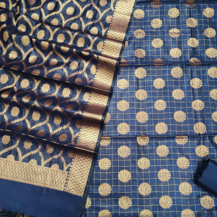 Banarasi Cotton Silk Suit Salwar Kameez (Dollar Check) Nevi Blue Unstitched - Mohsin Textiles