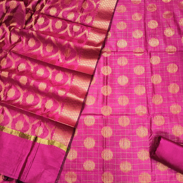 Banarasi Cotton Silk Suit Salwar Kameez (Dollar Check) Rani Pink Unstitched - Mohsin Textiles