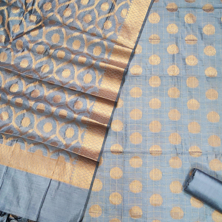 Banarasi Cotton Silk Suit Salwar Kameez (Dollar Check) Grey Unstitched - Mohsin Textiles