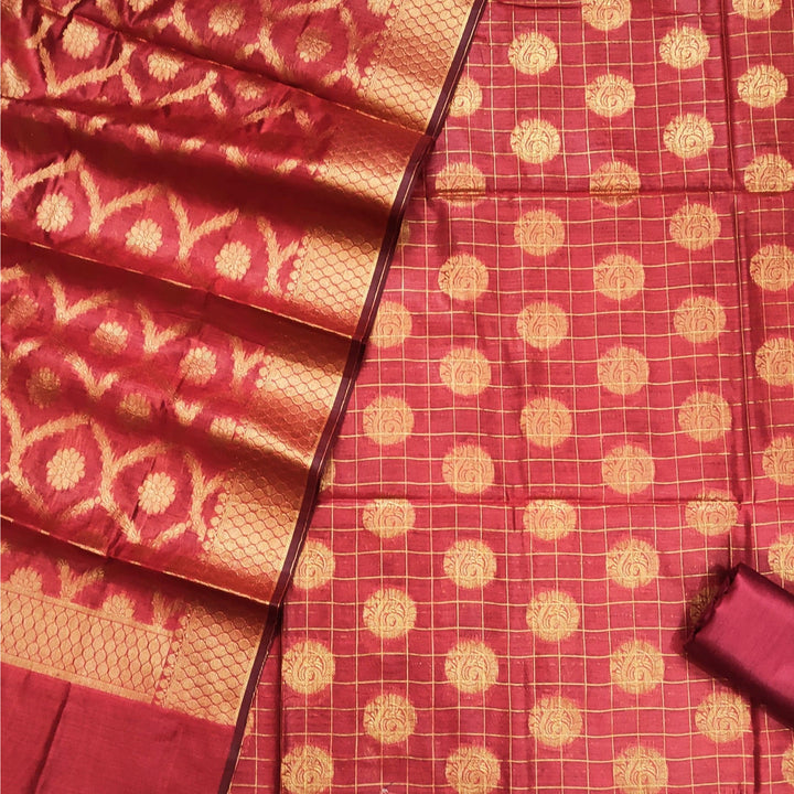 Banarasi Cotton Silk Suit Salwar Kameez (Dollar Check) Maroon Unstitched - Mohsin Textiles